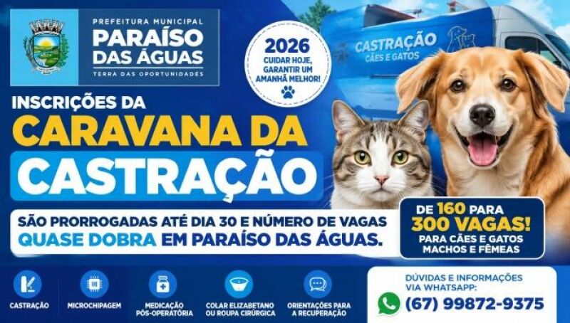 Imagem ilustrativa da matéria Ainda dá tempo: Paraíso das Águas amplia vagas e prorroga inscrições para Caravana da Castração